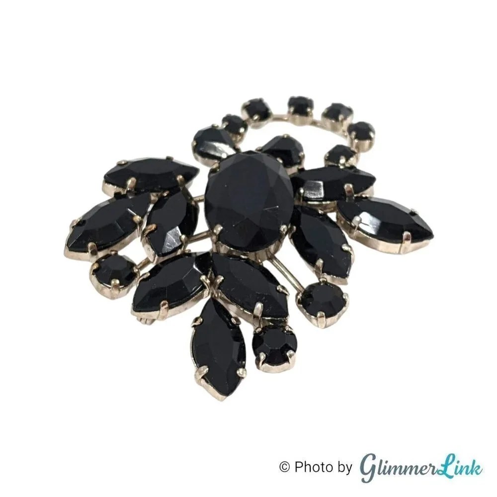 Vintage Western Germany Black Rhinestones Floral Spray Silver Tone Mid Cent